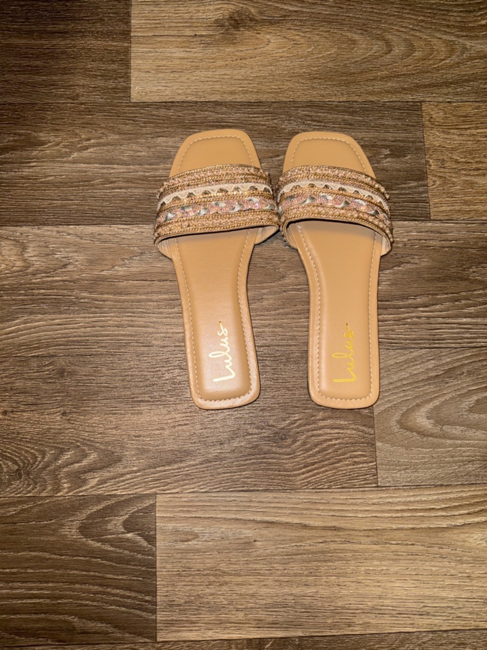 Lulus Embellished Slide Sandals Size 9 Beaded Neutral Summer Flats